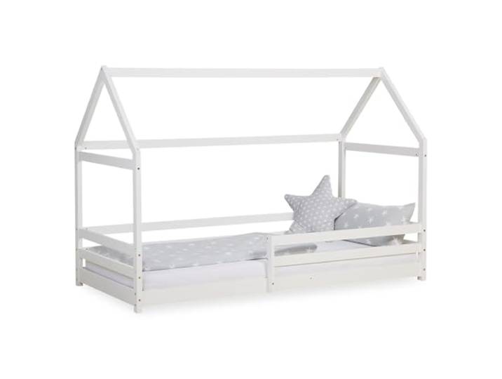 Homestyle4u Hausbett 90x200 Bodenbett Weiß Kiefer Massivholz Montessori Kinderbett mit Rausfallschutz & Lattenrost für Jungen und Mädchen, 140 cm Höhe