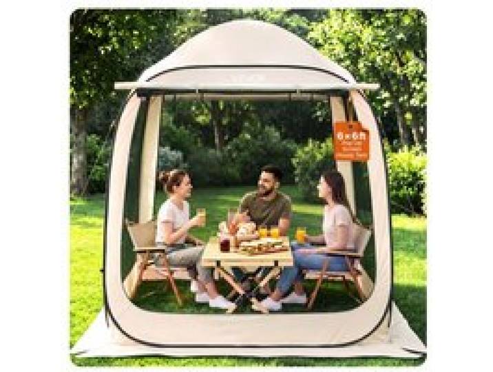 VEVOR Campingtent, 182,88 x 182,88 x 219,4 cm, pop-up tent met uitschuifbare luifel, draagbare partytent voor 4-6 personen, incl. draagtas en zijwanden, voor terras en buitenactiviteiten, beige