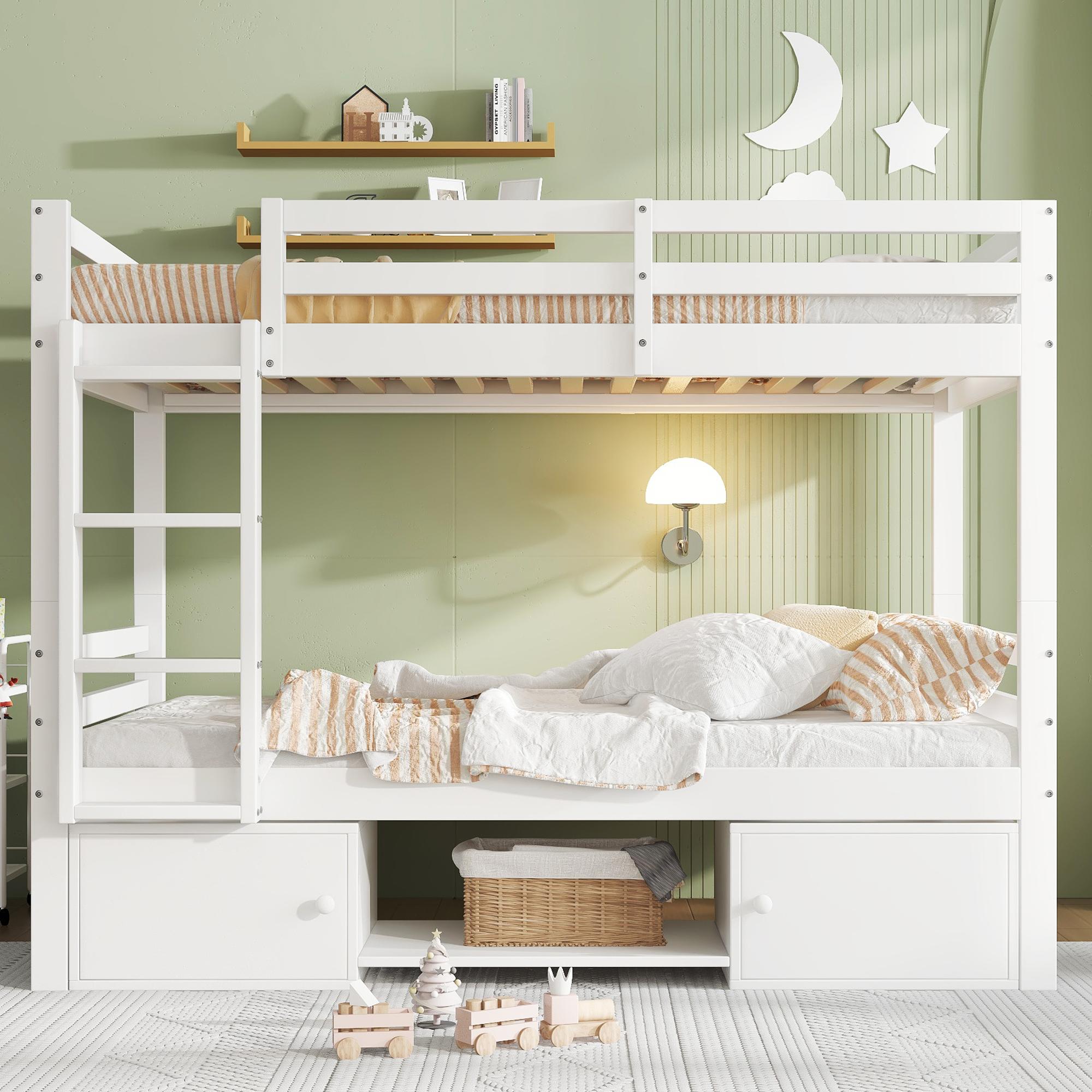 Etagenbett für Kinder, Kinderbett mit Schuhregale und Schließfächer, Bett aufgeteilt in 2 Einzelbetten, Jugendbett, Einzelbett, Weiß, 90x200cm.
