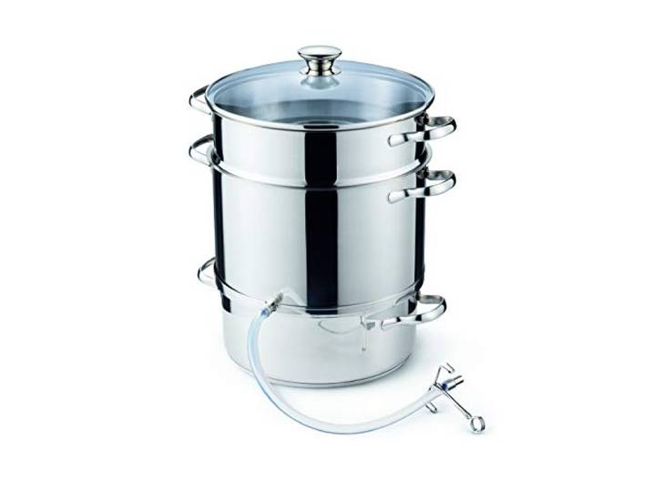 Kelomat, 1984-360, Dampfentsafter, Fruchtkorb 10 Liter, Saftbehälter 3 Liter, Wasserbehälter 5.2, 40 x 33 x 33 cm, Gewicht 4.5 KG, 18/10 Edelstahl, rostfrei, starke Qualität, Induktionstopf