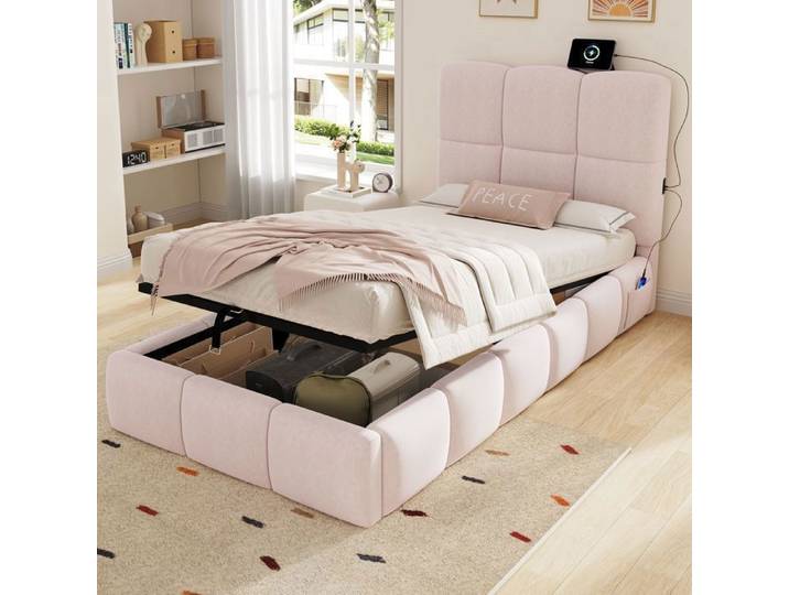 Lit coffre simple - MERAX - Lit coffre enfant 90 x 200 cm - Velours rose - Tête de lit rembourrée - Coffre hydraulique & USB-C