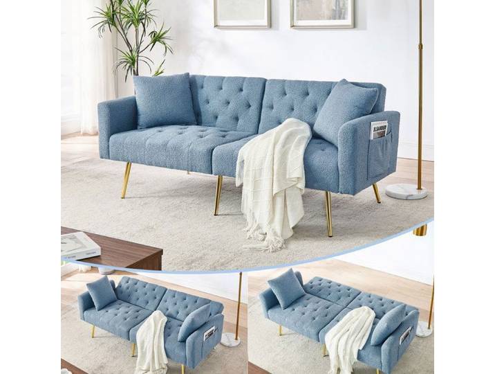 Canape convertible 2 places VUENOR bleu teddy bouclette dossier reglable 3 positions avec 2 coussins