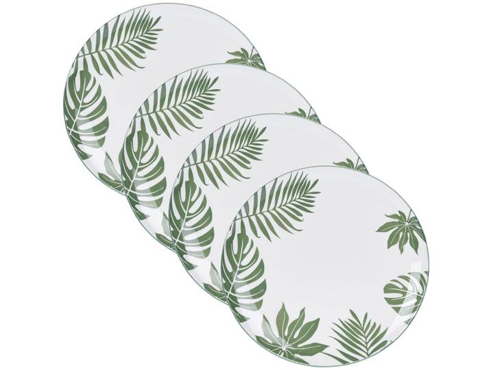 4er-Set Speiseteller weiss mit grüner Blätter-Deko, Essteller aus Porzellan, 26,5 cm