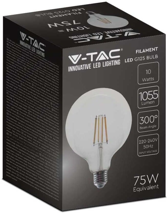 V-Tac Vt-1979 Lampadina Globo Led E27 In Vetro Trasparente Filamento 10w G125 3000k - 214422