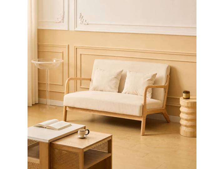 Banquette scandinave 2 places en bois et velours côtelé beige