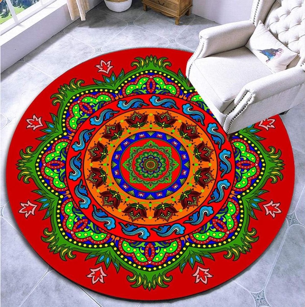 Rond Etnisch Vloerkleed Boho Stijl - Donkergroen - Polyester