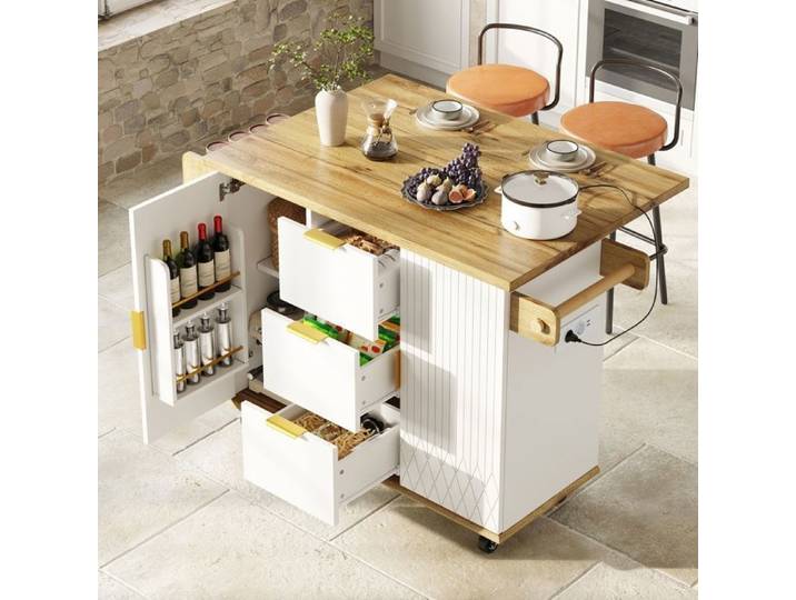 Ensemble Desserte De Cuisine : 1 îLot De Cuisine Mobile Avec Prise éLectrique Et 2 Tabourets