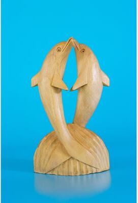 G6 Collection Wooden Hand Carved 2 Jumping Dolphin Statue Sculpture Wood Home Decor Accent Figurine Handcrafted Handmade Seaside Tropical