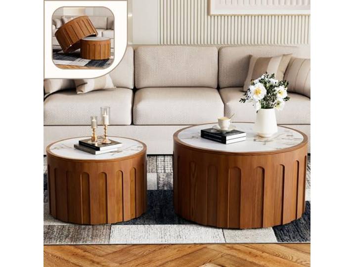 Wxnnx 67 cm Runder Couchtisch 2er Set Weiß Sintersteinplatte & geriffelter Holzsockel - Handgefertigte Trommel-Tische für Wohnung, kleine Räume - Montagefreie Lieferung
