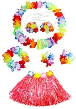 Uplift Picks Colorful Kids Hawaiian Luau Costume Set With Grass Skirt Party Accessories red (6 Pcs)