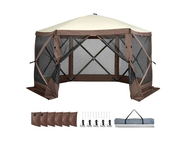 SucceBuy Tente gazébo pop-up, tente pare-brise pop-up Abri solaire auvent à 6 côtés avec 6 chiffons à vent de confidentialité amovibles et fenêtres en maille