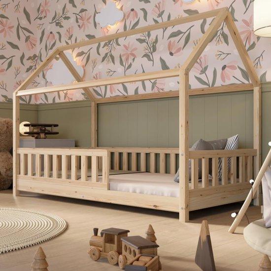 Famanu Kinderbett mit Barriere - Montessori Hausbett - Höhenverstellbare Beine - 160x80 cm - Naturholz
