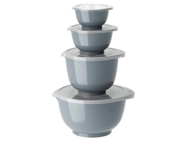 Rosti Margrethe Schüssel Set, Rührschüssel Set, 8-Teilig mit 4 Rührschüsseln und 4 Deckel, Teigschüssel aus Recycelbarem Kunststoff, 0,25 Liter, 0,5 Liter, 1,5 Liter und 3 Liter, Dusty Blue
