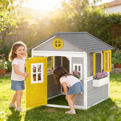 Homcom Outsunny Outdoor Kids Playhouse, Wooden Cottage with Dutch Door, Windows, Flower Holders & Boxes, Gray