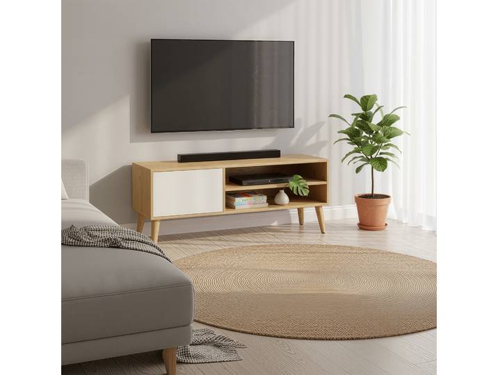 Meuble Tv\, Pour Téléviseurs Jusqu'à 55 Pouces\, Centre De Divertissement\, Chêne Et Blanc