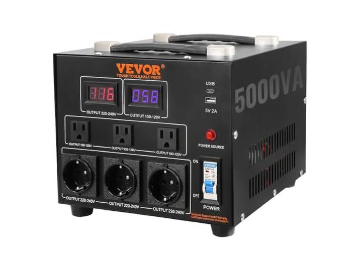 VEVOR Transformateur 220 V⇄110 V Convertisseur de Tension Élévateur Abaisseur 5000 W Transformateur de Puissance avec 3 Prises US NEMA 5-15R 3 Broches 3 Prises EU Shucko 1 Port USB 5 V 1 Prise Type-C
