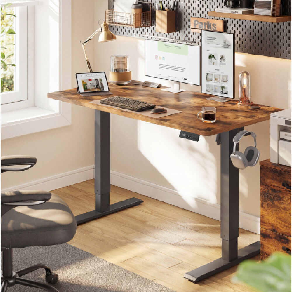 Inbox Zero Adjustable Height Steel Computer Desk Black/Rustic Brown 120 cm H x 120 cm W x 60 cm D