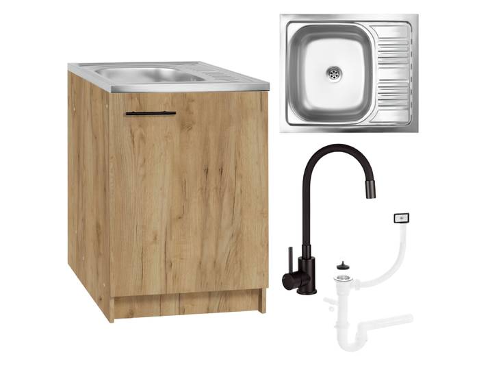 Meuble De Cuisine\, Chêne Doré - 60x50cm - Avec Robinet Noir - Flexible - Siphon