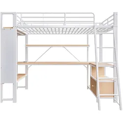 STILVORA Hochbett Metall Weiß 90x200 cm mit Schreibtisch, LED, Regalen und USB