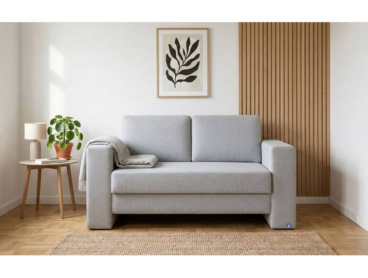 BRUNO Schlafsofa 120cm in Hellgrau Kubus stabiles Massivholz & Boxspringkomfort