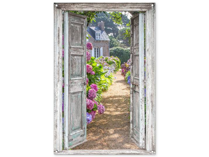 OnlyWow Gartenposter - Durchblick - Hortensie - Blumen - 80x120 cm, Hellgrau, Kunststoff, Rechteckig, 80x120x0.2 cm, Bilder & Rahmen, Bilder, Wandbilder