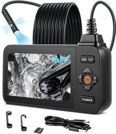 VEVOR Industriële Endoscoopcamera met drievoudige lens, 4,5 inch HD IPS-scherm, 5 meter kabel, 8x zoom en IP67 waterdichtheid, zwart