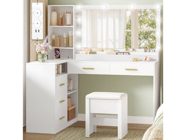 Coiffeuse avec Grand Miroir LED et Tabouret Luminosité Réglable Coiffeuse avec Prise Tiroirs et Étagères 40 × 120 × 139 cm Blanc