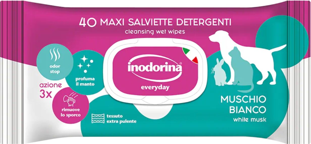 Inodorina Salviette Detergenti Umidificate per Cuccioli Cani e Gatti Muschio Bianco Everyday 40 pz