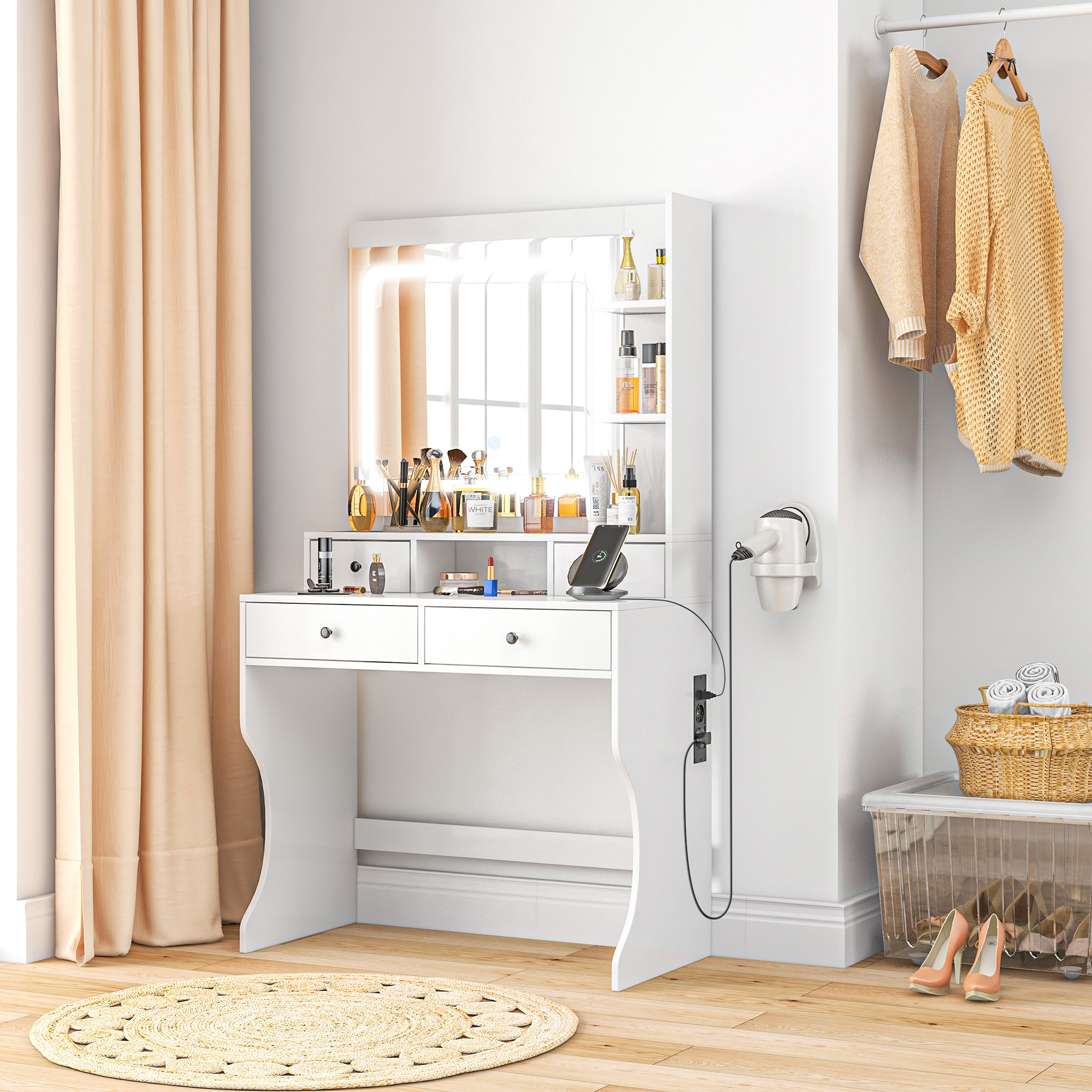 Homcom Toeletta Trucco con Luci LED 3 Tonalità e Specchio, Prese USB, 4 Cassetti e Mensole, 90x45x160cm, Bianco   Aosom Italy