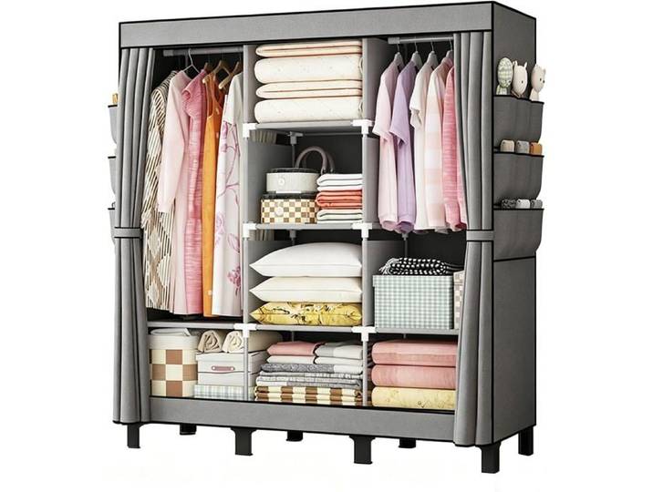 Armoire en Tissu Portable Rangement pour Chambre 130x45x172cm Gris 2 tringles à vêtements 18 poches Gri(ARMOIRE DE CHAMBRE)