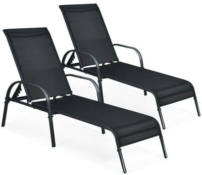 Costway 2 Pcs Outdoor Patio Lounge Chair Chaise Fabric with Adjustable Reclining Armrest