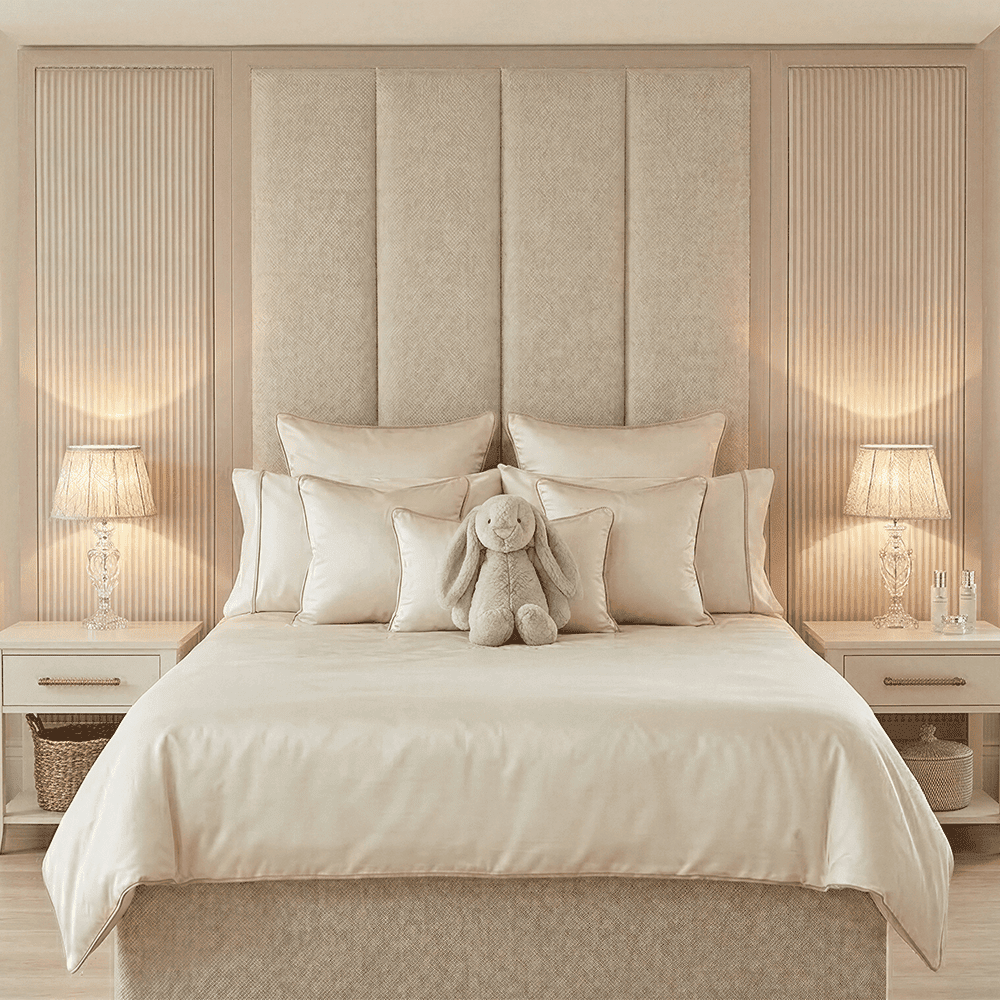 Harrington Almond Woven Channelled Headboard with Soft Pink Frame & Pink Stripe Accent Wings, King