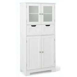 COSTWAY Badezimmerschrank mit 2 Schubladen und 4 Türen, Badezimmerschrank mit verstellbaren Einlegeböden (weiß)