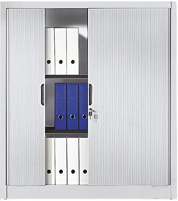 Rollladenschrank mit Horizontal-Jalousie, HxBxT 1345 x 1200 x 420 mm, 3 Fachböden, 3,5 Ordnerhöhen, lichtgrau C+P