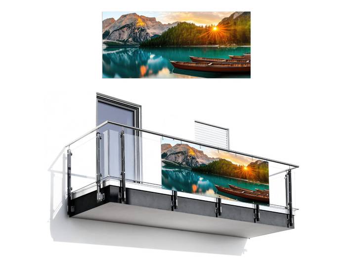 MuchoWow Balkon-Sichtschutz - See - Berge - Sonnenuntergang - Boot - 200x90 cm, Petrol, Kunststoff, Rechteckig, 200x90 cm, Sonnen- & Sichtschutz, Sichtschutz Garten