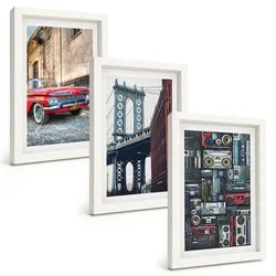 BILDER SET 3er Set - 20x30 cm Weißer Rahmen - Alte Autobrücke Brooklyn Retro-Audio