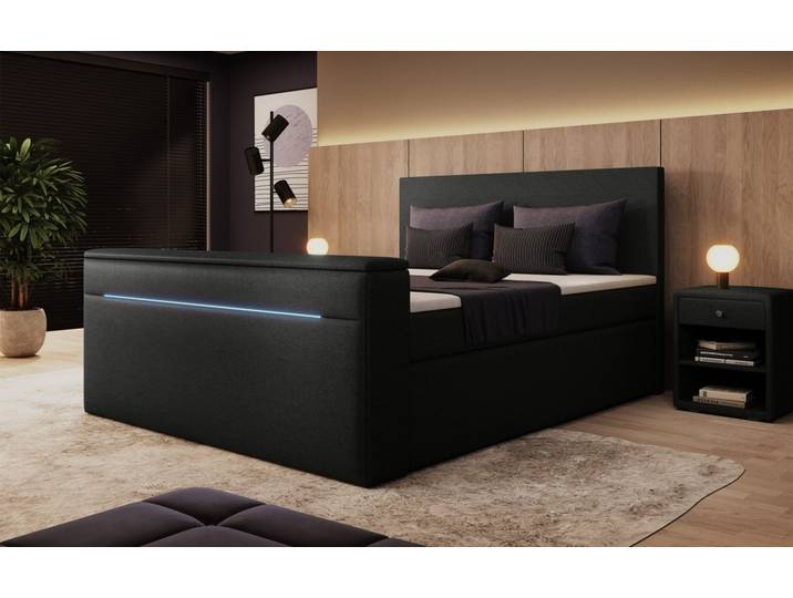 Boxspringbett Simple mit TV Lift und LED - 180x200 - Schwarz - H2 (bis 70kg) - Luxusbetten24
