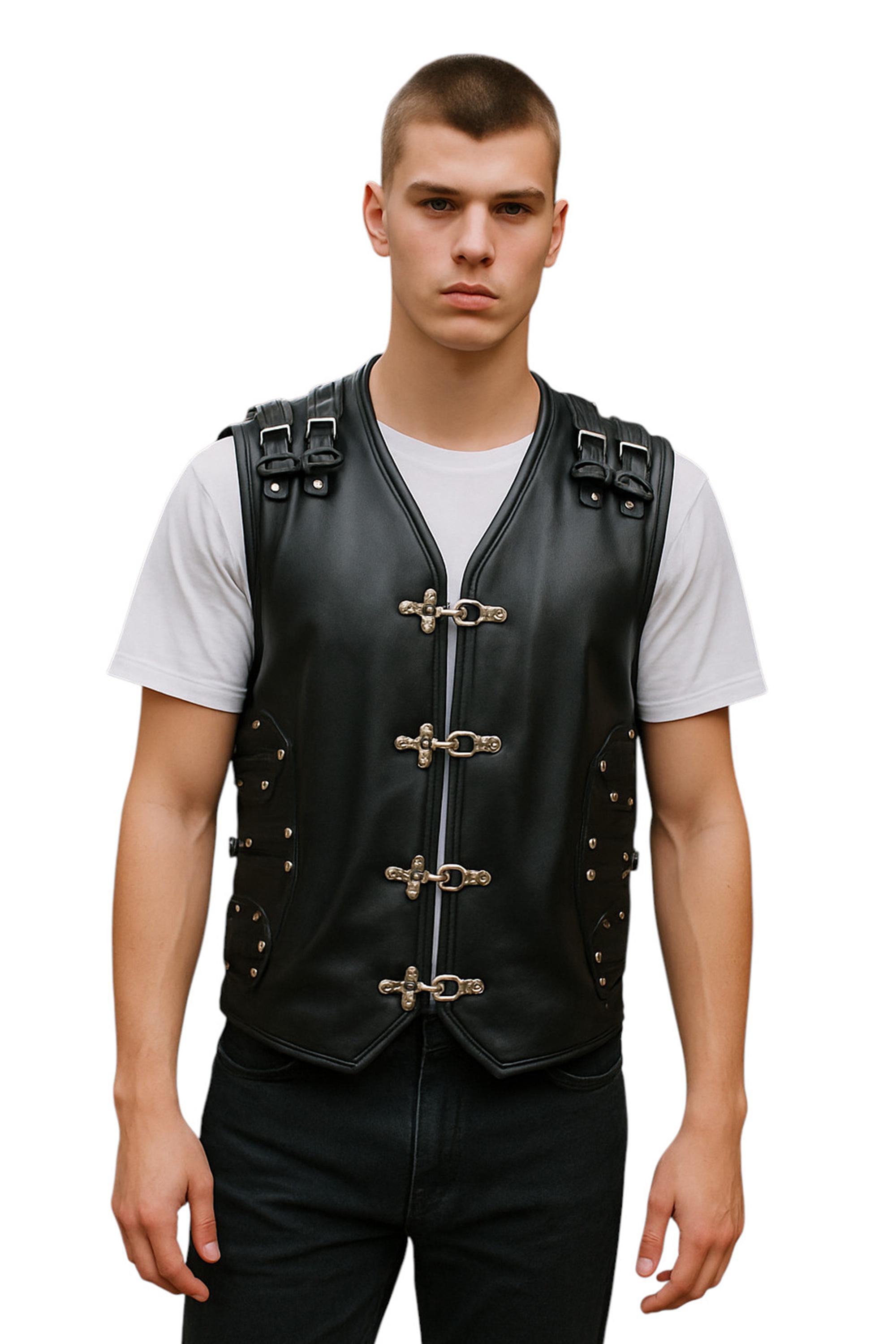 Schwarze Biker-Lederweste für Herren mit Metallschnallen - Oudtshoorn