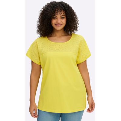 T-Shirt SHEEGO "Kurzarm-Shirt", Damen, Gr. 44/46, gelb (limone), 100% Baumwolle, Besatz:100% Baumwolle, unifarben, Rundhals, Shirts T-Shirt