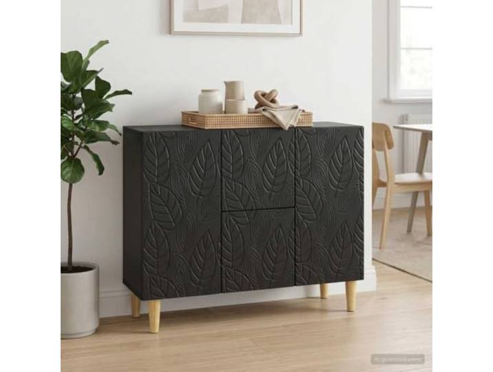 RJPLMFV Anrichte, Schwarz, 89 cm, Holz Füße aus massivem Eukalyptusholz, Türen 90°, Regale, Aufbewahrung, Esszimmer