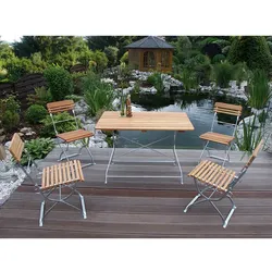 Gartensitzgruppe aus Robinie Massivholz und Stahl in Zinkfarben klappbar (fünfteilig)