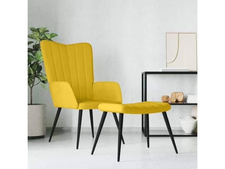 Relaxsessel mit Fußstütze, Velours, Senfgelb, Sessel Linierte Rückenlehne, gepolsterter Schaumstoff, stabiler Stahlrahmen, passende Fußstütze, weicher Samt