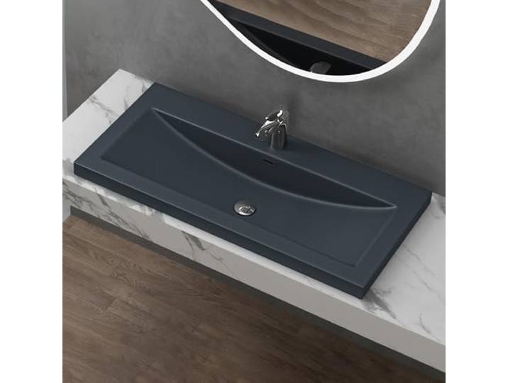 doporro Lavabo à Encastrer Vasque Gris Noir Mat Solid Surface 100x48x13cm Solid Surface\, pour Salle de Bain\, Colossum01