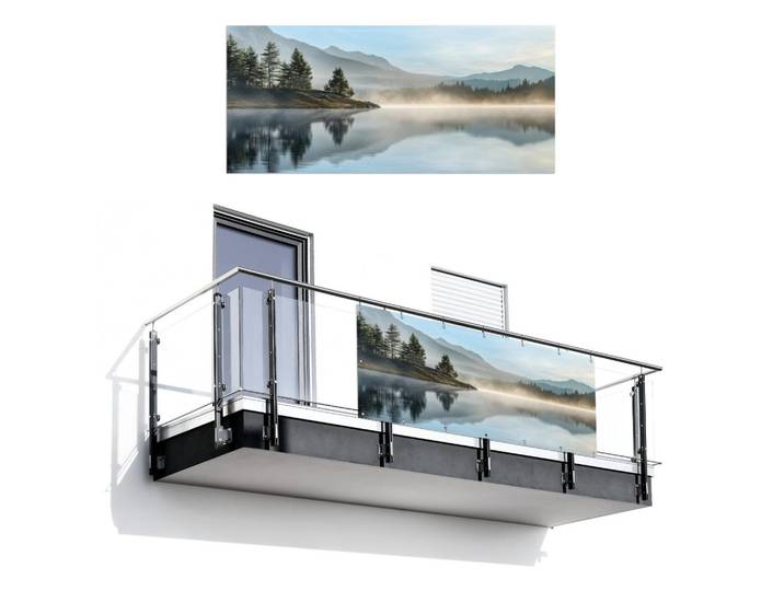 MuchoWow Balkon-Sichtschutz - See - Nebel - Berge - Landschaft - 200x90 cm, Hellblau, Kunststoff, Rechteckig, 200x90 cm, Sonnen- & Sichtschutz, Sichtschutz Garten