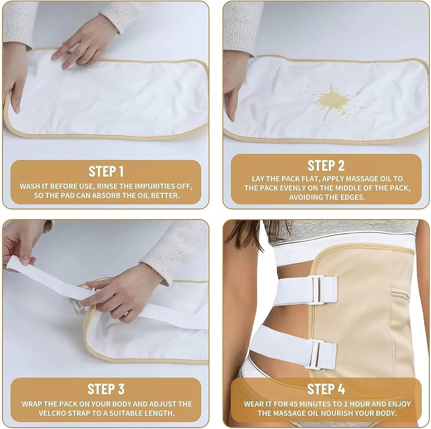 INF Ensemble de ceinture abdominale ajustable pour compresses d'huile de ricin (6 pièces avec fermeture auto-agrippante et