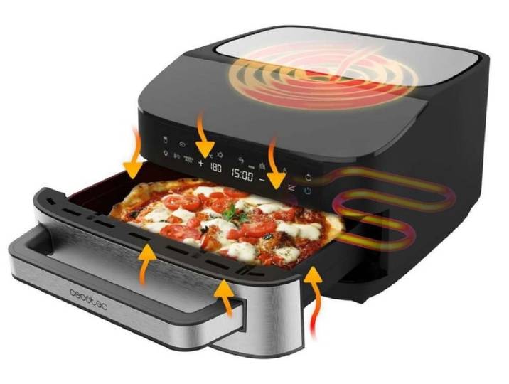 Four électrique Cecotec Pizza&Fry 7000\, capacité de 7 litres\, idéal pour pizzas. Puissance : 2200W. Permet de réaliser des pizzas de 13 pouces. Écran tactile. 8 programmes
