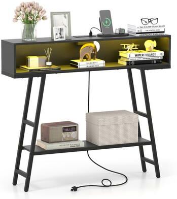 "Costway 40"" Console Table with Charging Station and LED Lights-Black"