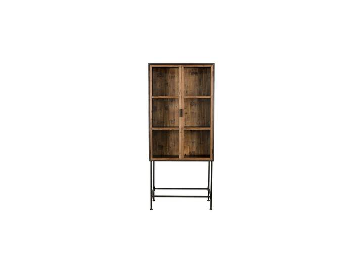 Vaisselier vitrine en bois recyclé marron, 2 portes en verre, 3 é