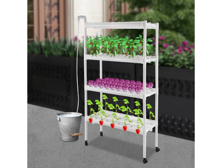 Kit de culture hydroponique à 4 niveaux pour 108 plantes, système de culture hydroponique en PVC-U blanc avec paniers de culture, prise EU, 12 tubes de plantation