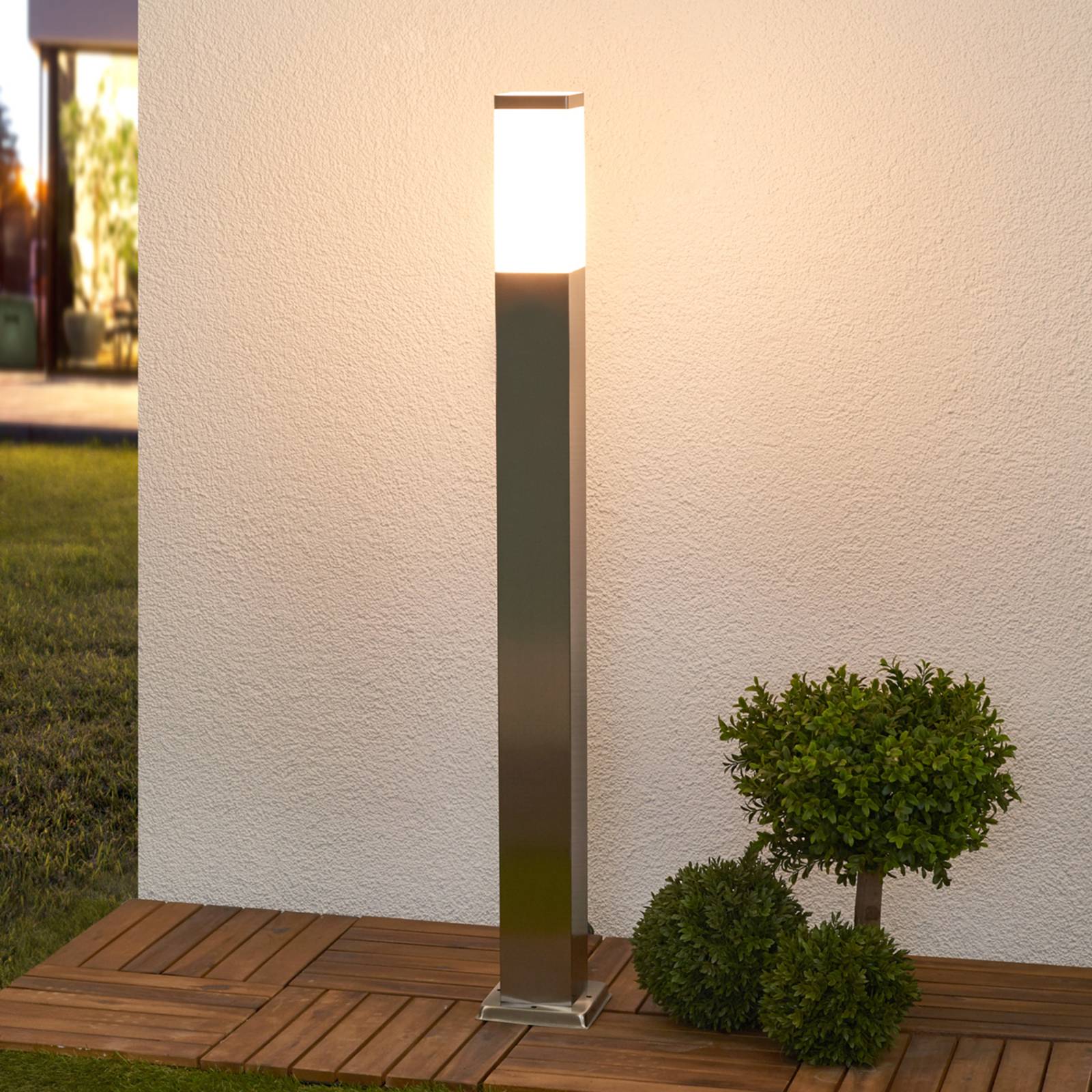 Lindby Lorian bollard light, 100 cm, stainless steel, IP44, E27 Lindby, dimmable, Alu / grey / zinc, Stainless steel, Modern, Outdoor lights